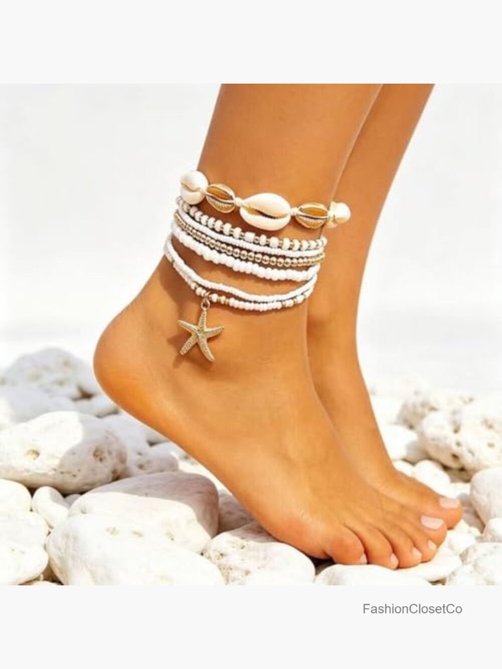 7 Pcs Layered Cowrie Shell & Beaded Ankle Bracelets with Starfish Charm, - Picture 2 of 7